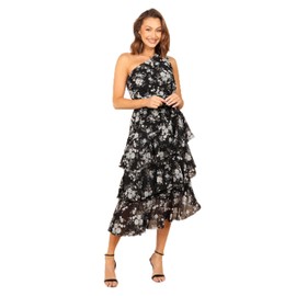 Petal & Pup Women's Brigette One Shoulder Tiered Midi Dress, Black Floral
