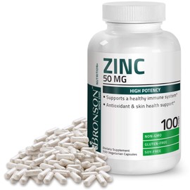Bronson Zinc 50mg Complex, 100 Vegetarian Capsules - High Potency Immune Support, Antioxidant Protection, Skin Health