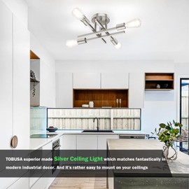 Brushed Nickle Semi Flush Mount Ceiling Lights, 4-Light Modern Industrial Sputnik Chandelier Light Fixture, Silver Flush Mount Light for Kitchen Bedroom Living Room Dining Room Closet, E26 Bulb Socket