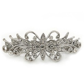 Bridal Wedding Prom Silver Tone Diamante 'Flower' Barrette Hair Clip Grip - 80mm Across