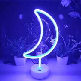JYWJ Moon Neon Sign with Holder Base,USB or 3-AA Battery Powered Neon Light,LED Table Decoration,Bedroom Wall Decoration,Birthday Gift,Wedding Supplies Business Gift(Blue)