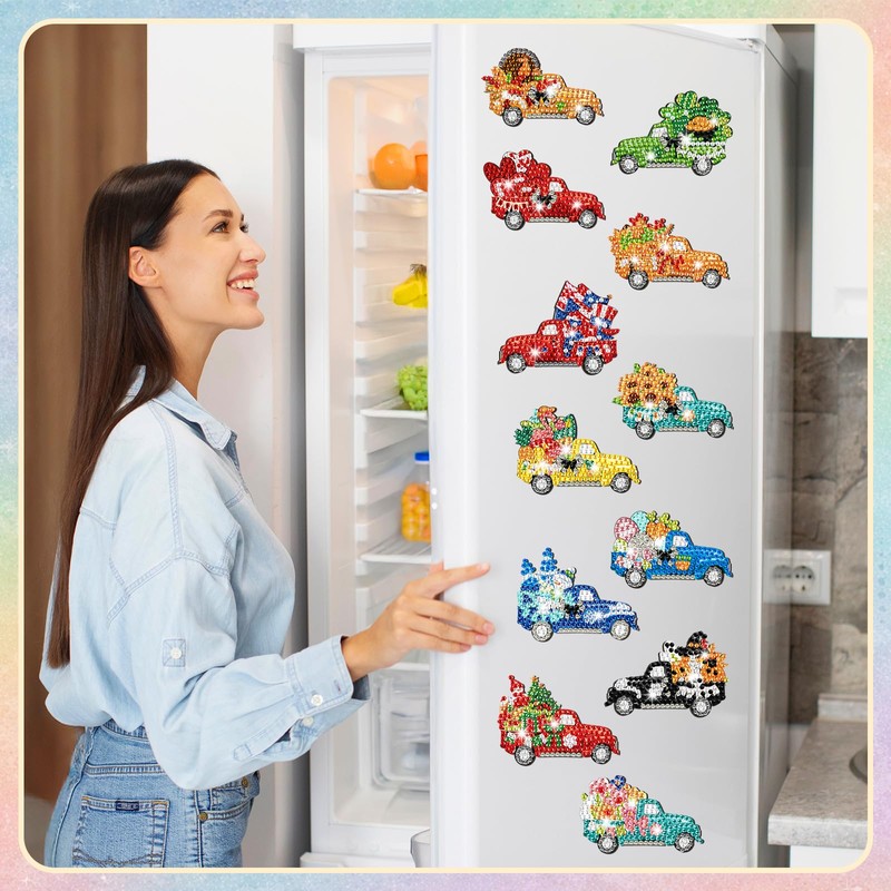 12 Pcs Diamond Art Magnets Seasonal Truck Refrigerator DIY Craft