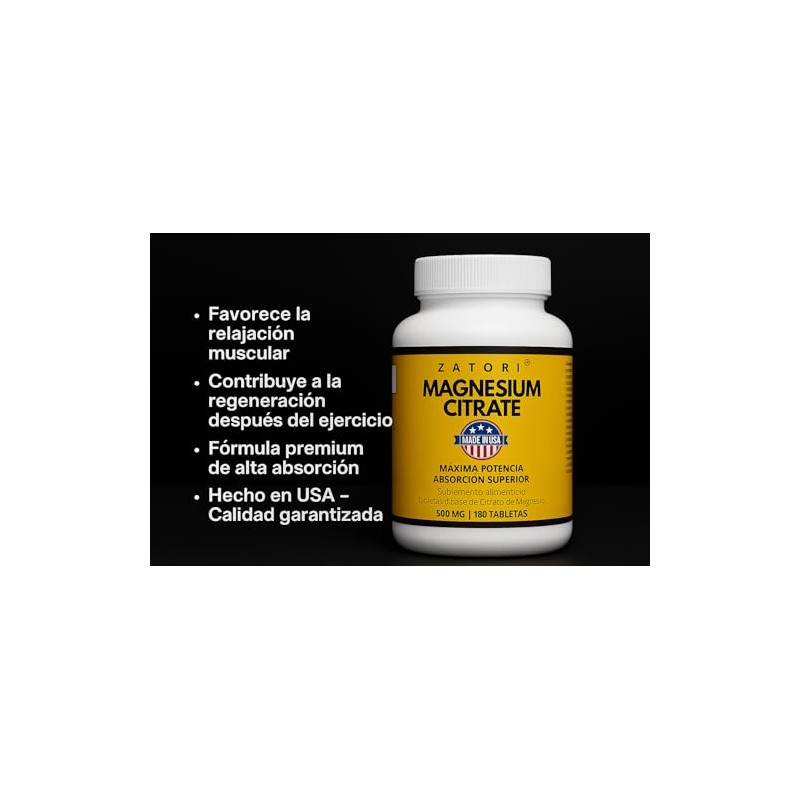 Citrato de Magnesio mejor absorción 500 mg suministro 180 días