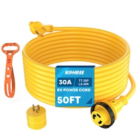 Kohree 30 Amp RV Power Extension Cord 50 ft with Grid Handle Heavy Duty, 30M/30F 90 Degree Locking Adapter, LED Indicator & 15M/30F Power Adapter(1875 W), 125V, 3750W, ETL Listed STW Wire