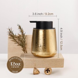 INGOFIN Ceramic Lotion Dispenser - 12oz Refillable Hand Soap Dispenser Bathroom, Modern Liquid Soap Dispenser with Pump, Dish Soap Dispenser for Kitchen, Golden