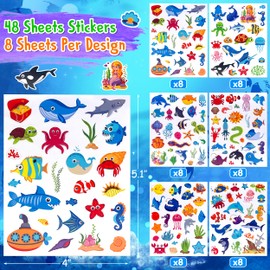 LINAYE 48 Sheets Ocean Stickers for Kids, 1040 Pcs Waterproof Under The Sea Fish Animal Stickers Ocean Under The Sea Party Favors Decorations Crafts for Kids