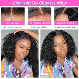 Curly Bob Wig Human Hair 4x4 Glueless Wigs Human Hair Pre Plucked Pre Cut Deep Curly Bob Wig 180% Density Wear and Go Glueless Bob Wigs For Black Women 10 Inch HD Lace Closure Curly Human Hair Wig bob wig density highlight - Color: Curly Bob Wig Human Ha