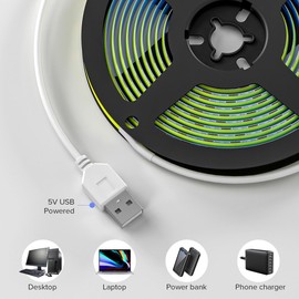 FCOB 6.56FT/2M 5V USB LED Light Strip Green Flexible High Density COB Strips 640LEDs, 8mm LED Tape for Under Cabinet Bedroom No Controller and Power