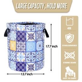 Mexican Tiles Laundry Basket Flowers Pattern Foldable Oxford Cloth Funny Tote Bag Laundry Hamper Clothes Storage Bucket Organizer For Bathroom/Laundry Storage/Bedroom 17.7x13.7