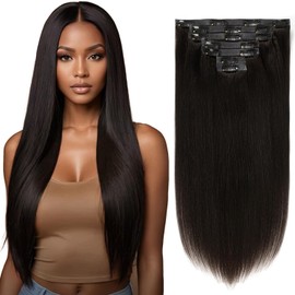 Loxxy Seamless Clip in Hair Extensions Human Hair Long Yaki Straight Clip ins Human Hair Skin Weft Ultra-Invisible Clip in Hair Extensions 20 Inch #1B 7Pieces