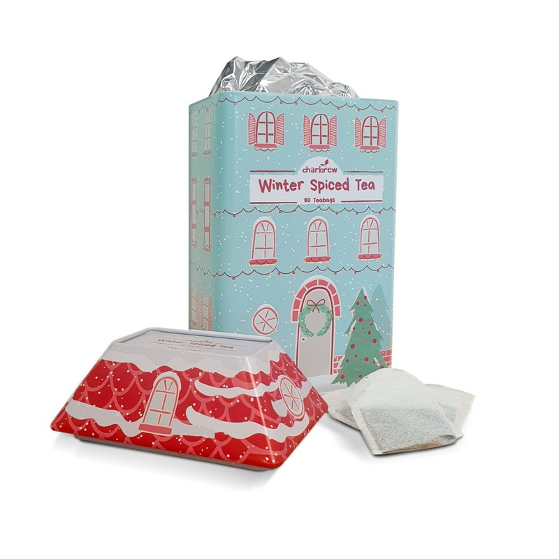 Charbrew Illustrated Christmas Painted House Winter Spiced Metal Tea Tin