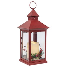 Red Holly Berry and Pine Look Distressed 13.5 Inch Metal Decorative Hanging Lantern