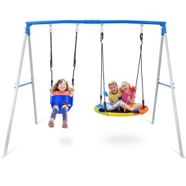 Trekassy 440lbs Metal Swing Set with Saucer Swing & Toddler Swing Kids Children Backyard