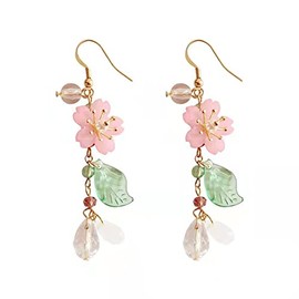 Cute Pink Flower Dangle Drop Earrings for Women Girls Acrylic Sakura Leaf Earrings Summer Beach Long Tassel Earrings Holiday Jewelry