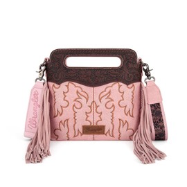 Wrangler Crossbody Bags for Women Western Fringe Top Handle Handbags Embroidered Boot Scroll Crossbody Bag, A-medium-light Pink, Medium