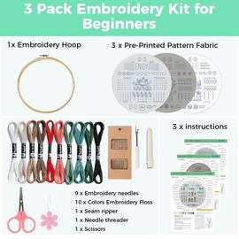Rnigra 3 PCS Embroidery Kit for Beginners DIY Starter Kit with 34 Stitch Techniques, Embroidery Hoop, Stamped Patterns, Colorful Threads, Tools, Step by Step Instructions & Video Tutorial
