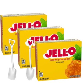 Jell-O Gelatin Dessert Mix - 3 oz Boxes (Pack of 3) - With Mini Shovel Spoons (Island Pineapple) - Metal Spoons