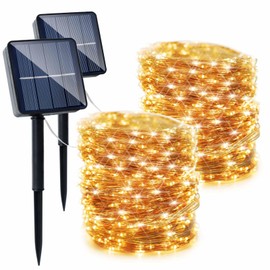 [Paquete de 2] 32M 300LED Serie de Luces LED Solares para Exterior - Cálido, Luz para Jardin Impermeable IP65, Alambre de cobre, 8 Modos Cadena de Luz Decorativas Exterior Para Jardin Arbol Navidad