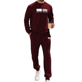 Babioboa Men's Sportswear Suits Pullover Crew Neck Sweatshirt Loose Solid Sweatpants Matching Outfits Set(Reddish brown,L)