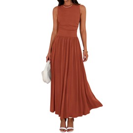 BTFBM Summer Maxi Dresses for Women 2025 Sleeveless Casual Ruched High Waisted Tank Long Sundress Flowy Beach Fall Dress(Brick Red, Medium)
