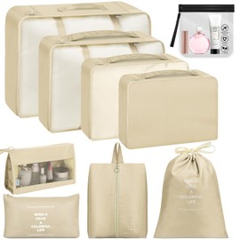 Suitcase Organiser Set, 9-Piece Packing Cubes, Waterproof Travel Garment Bags, Packing Cube Packing Bags Set for Travel with Transparent Toiletry Bag, Clothes Bags for Suitcase, Beige