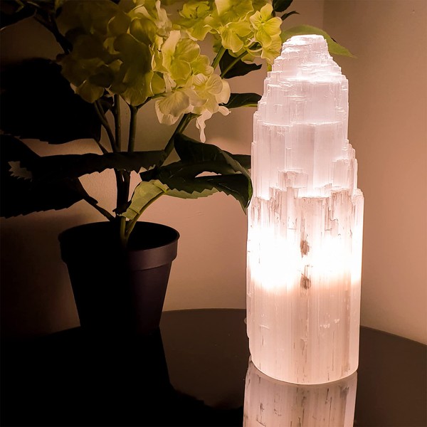 SERENITY GIFT Selenite Crystal Lamp Handmade Natural White Selenite Tower Lamp Spiritual Healing Cleanse And Recharge Crystals Table Lamp Meditation Mineral Decoration Gift (40 cm)