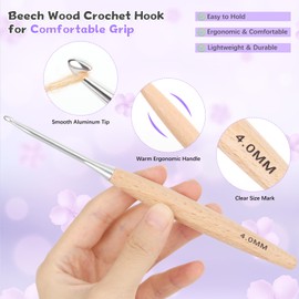 Coopay Crochet Hooks Set, 9pcs Ergonomic Crochet Hooks with Beech Wood Grips, 3.0-8.0mm Lightweight Crochet Hook for Arthritic Hands, Metal Crochet Hook Set with Floral Storage Bag