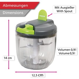wenco Premium Chopper, 900 ml Capacity, Manual Vegetable Cutter with Pourer, 12.5 x 12.5 x 13.5 cm, Plastic/Stainless Steel, Grey Green Transparent