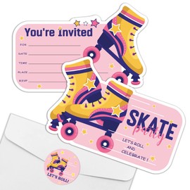 REWIDPARTY Roller Skating Birthday Party Invitations with Envelopes & Stickers（Set of 15） Skate Party Shaped Fill-in Invitations Let's Roll Invites Cards Skating Birthday Party Supplies for Kids