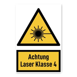 Sticker: 300 x 200 mm, 1 piece - Warning Laser Class 4 - Warning Sign with Text (German) (Yellow/Black) - Dreick - W004 - DIN EN ISO 7010 / ASR A1.3