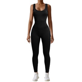 SEASUM Women's Ribbed Yoga Jumpsuits One Piece Tank Tops Sleeveless Rompers for Workout Exercise and Clubbing Black M