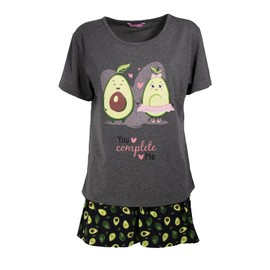 Keanu Ladies Polycotton Shortie Pyjamas - Short Sleeve Top with Shorts - Cute Sleepwear Set - Avocado You Complete Me Design - Sizes 12-14