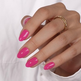 KQueenest Hot Pink Press On Nails Short Oval - Acrylic Press on Nails Short Almond, Sheer Bright Neon Pink Fake Nails with Glue, Glossy Vibrant, Reusable Soft Gel Glue on Nails for Women, 24 Pcs