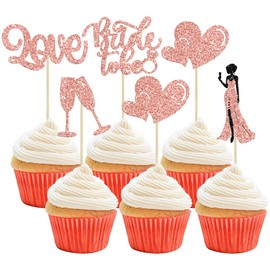30 piezas de adornos para cupcakes con purpurina champaña Love Heart Ring para despedida de soltera, para bodas, compromisos, despedidas de soltera, decoración de pasteles, oro rosa