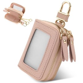 [Shirizu] Smart Key Case, 2-Piece Storage, Women's, Double Keyring, Car Key Case, Dull Color, Grain Leather, Zipper, Carabiner, Key Case, Men's, Key Holder with Clear Window, Pink