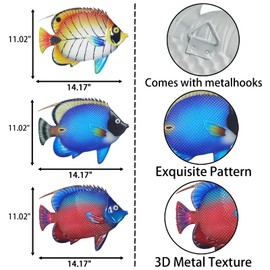 John's Studio - Decoración de pared de metal con peces y mar, para colgar en el jardín, esculturas artísticas para el hogar, decoración temática del océano, para cocina, baño y piscina, 3 unidades