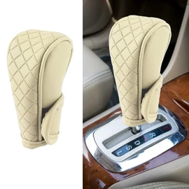 HIAHXC Car Gear Knob Cover Waterproof Leather Gear Lever Cover Manual Automatic Car Gear Knob Universal Car Gear Lever Interior Decoration (Beige)
