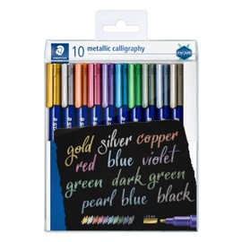 STAEDTLER Metallic Calligraphy Marker with Calligraphy Tip, Line Width 2.8 mm, Opaque on Light and Dark Paper, Easy to Wipe Off Smooth Surfaces, 10 Markers in Case, 8325 TB10