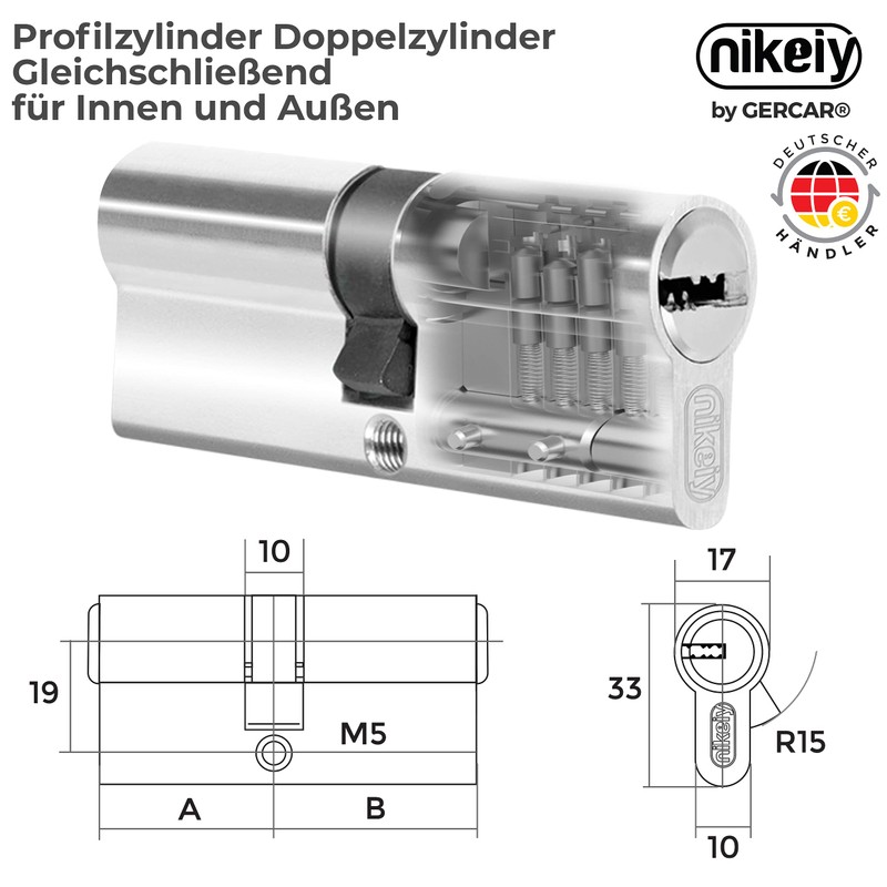 GERCAR 3 x Keyed Alike Locking Cylinders, 3 Profile Cylinder