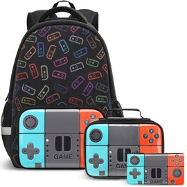 Beaulyn School Backpack Set for Boys Kids Game School Bag Set with Lunch Box Pencil Case,Middle Primary Student Bookbags Travel Rucksack Laptop Backpacks for Boy Teens