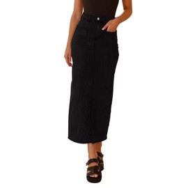 REORIA Women Denim Maxi Skirt Pencil Midi Skirts for Women Ladies Elegant Long Skirt with Four Pockets and Slit Hem Black XXL