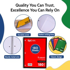 EPI Spiral Notebook | 5 Subject - College Ruled - 180 Sheets, Durable Spiral Binding | 10.5 x 8 in | Classroom Supplies | School, Office, Note Taking, Journaling - 12 Pack