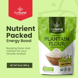 LiveKuna Organic Plantain Flour - Gluten Free All Purpose Flour Alternative For Baking & Cooking Recipes - Grain Free Vegan Plantain Flour, Rich In Fiber & Vitamins for Keto & Paleo Diets, 32oz Bag