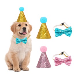 Xugoox Dog Birthday hat and Bowknot Set, 4Pcs Pet Dog Cat Birthday Supplies, Adjustable Collar Reusable Headwear for Puppy Birthday Gift