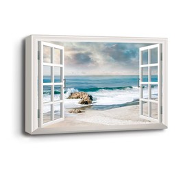 Renditions Gallery Nature Wall Prints Window View Decor for Home Awash on the Sandy Beach Shore Canvas Hanging Pictures for Bedroom Office Home Decorations - 24"X36" LT03