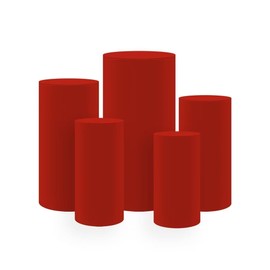KONPON 5pc Red Cylinder Pedestal Display Covers for Birthday Parties, Elastic Cloth Table Covers for Plinth Cover (Only Covers Cylinder Pedestal Stands Excluded)