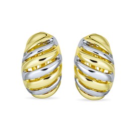 Set of Two Geometric Grooved Twist Shrimp Half Hoop Classic Diagonal Stripe Twist Two Tone Dome Clip On Earrings For Women Non Pierced Ears Gold Silver Plated