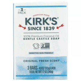 Kirk's 3 Bars 100% Premium Coconut Oli Gentle Castile Soap - Fragrance Free/Fresh Scent - Original Fresh Scent