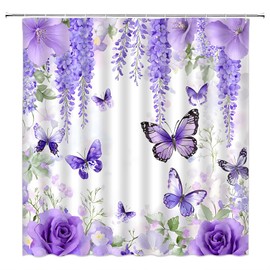 ZRUWUA Purple Floral Butterfly Shower Curtain Spring Watercolor Lavender Nature Garden Plant Bathroom Decor Curtain with Hooks,70" W x 70" L