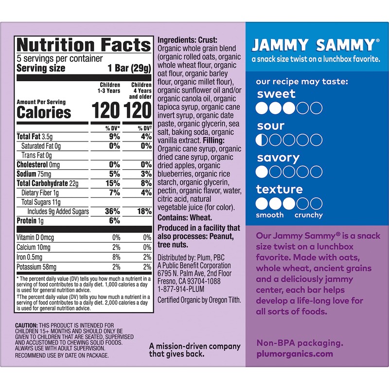 Plum Organics Jammy Sammy Snack Bars - Blueberry and Oatmeal